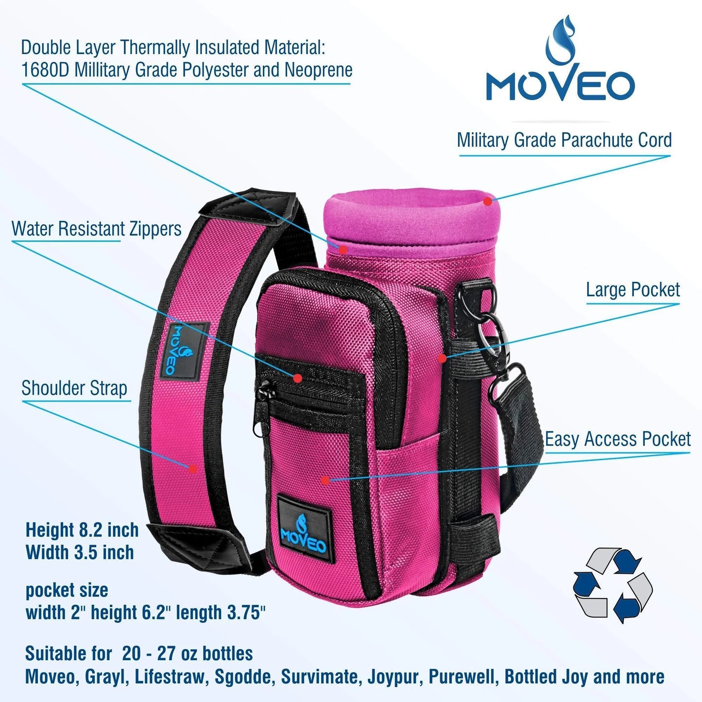 Adjustable Pink Water Bottle Carrier with Shoulder Strap and Cooler Features