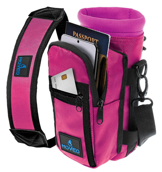 Adjustable Pink Water Bottle Carrier with Shoulder Strap and Cooler Features