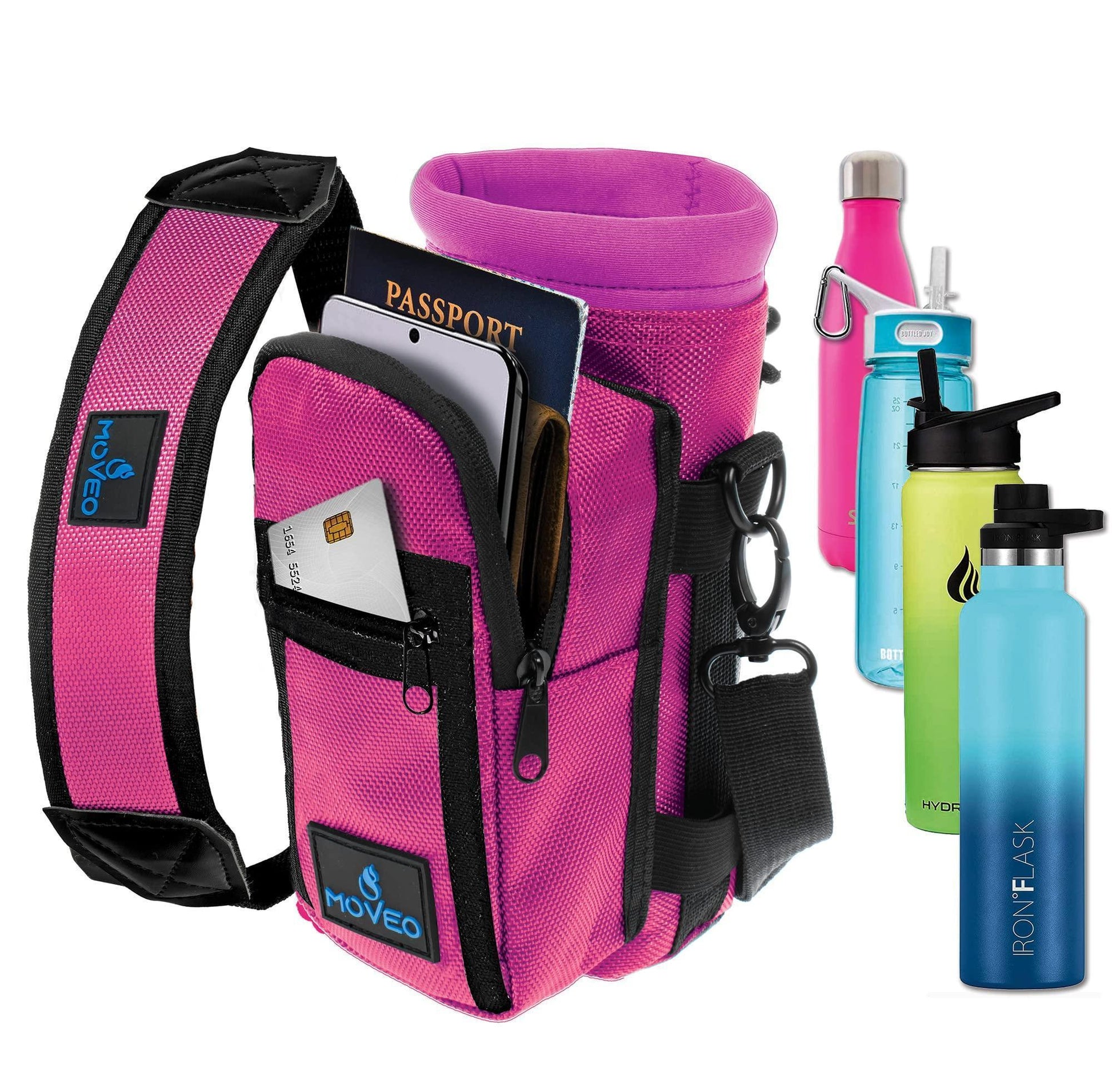 Adjustable Pink Water Bottle Carrier with Shoulder Strap and Cooler Features