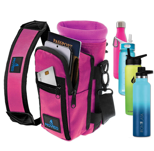 Adjustable Pink Water Bottle Carrier with Shoulder Strap and Cooler Features