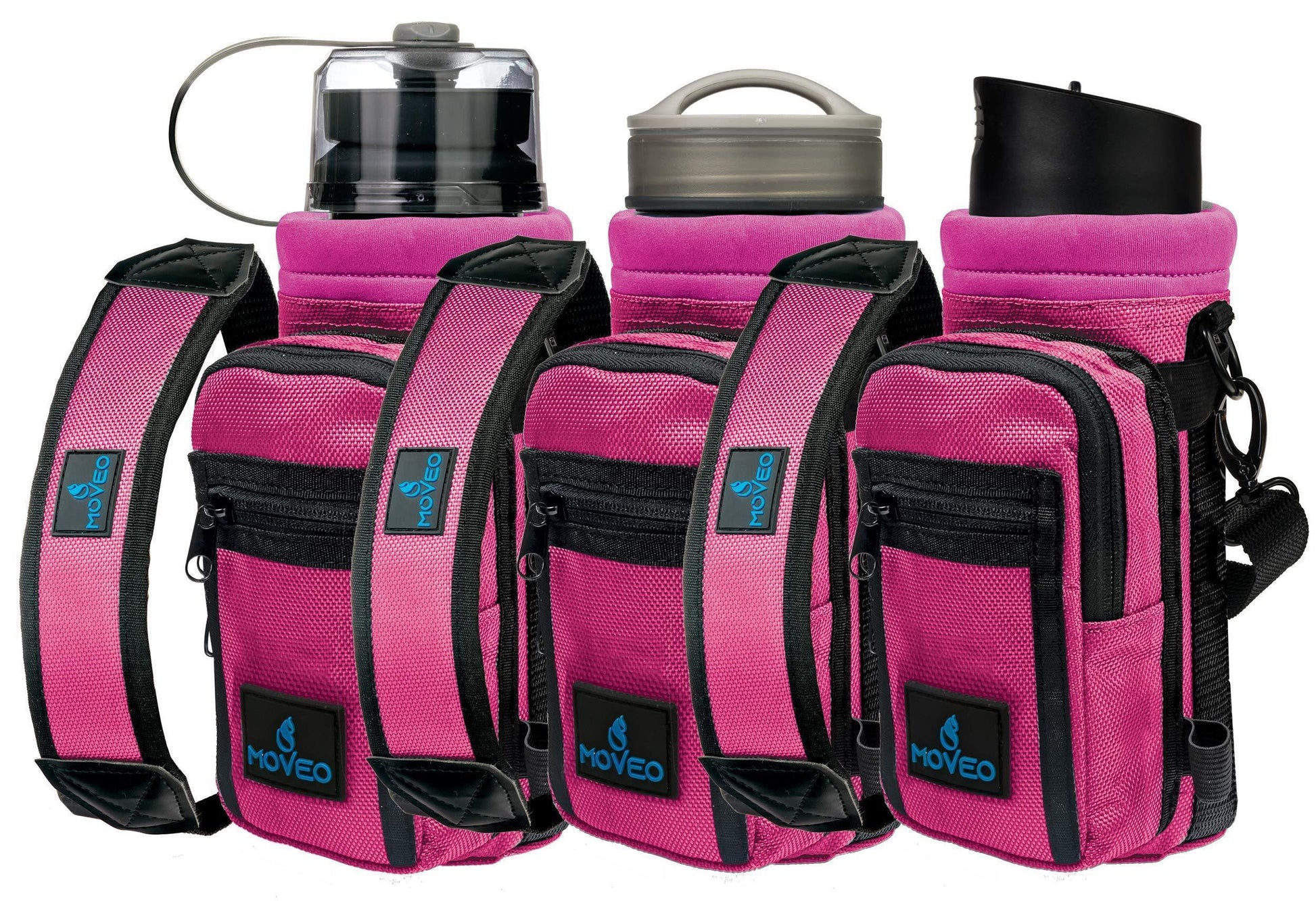 Adjustable Pink Water Bottle Carrier with Shoulder Strap and Cooler Features