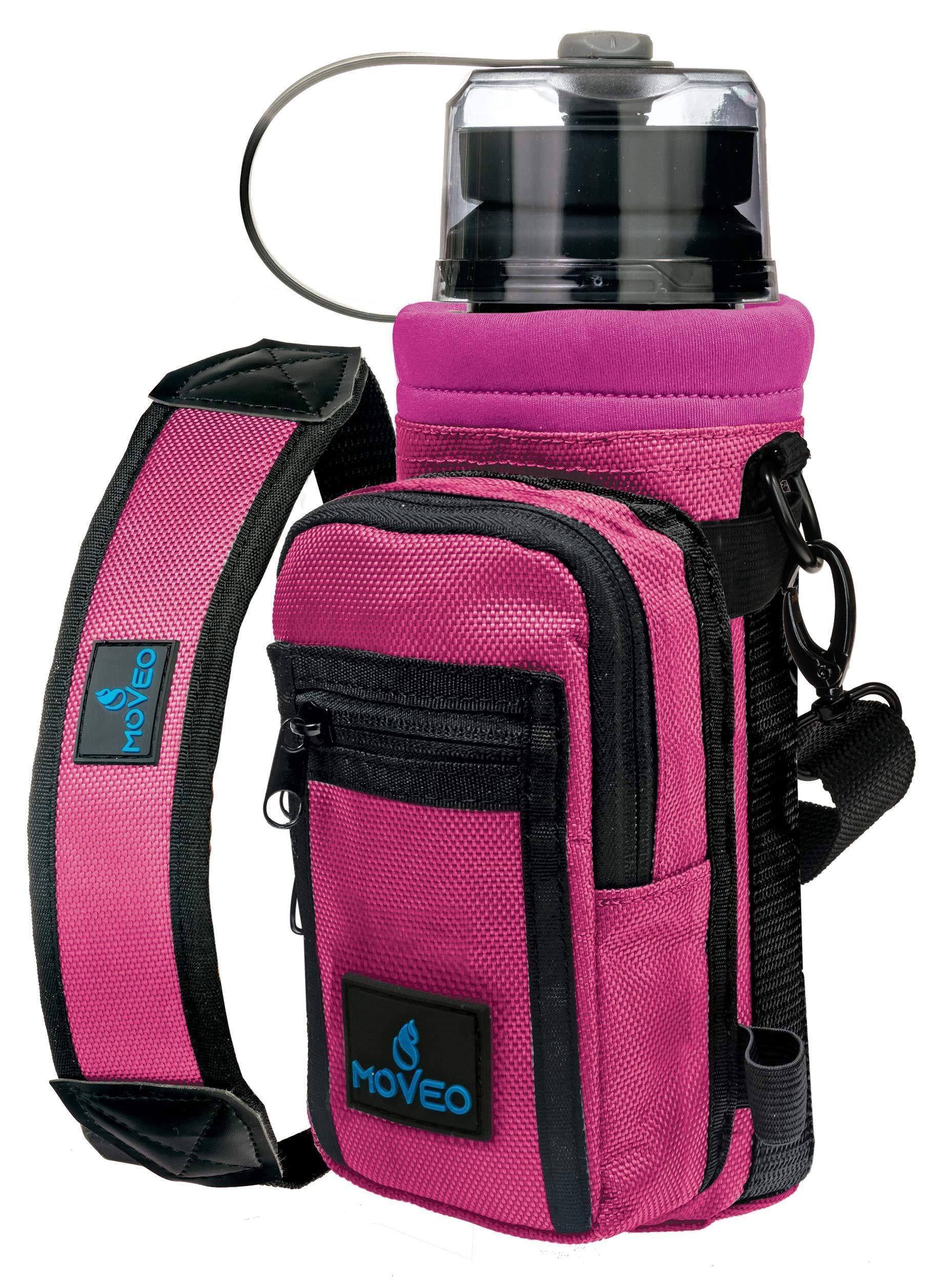 Adjustable Pink Water Bottle Carrier with Shoulder Strap and Cooler Features